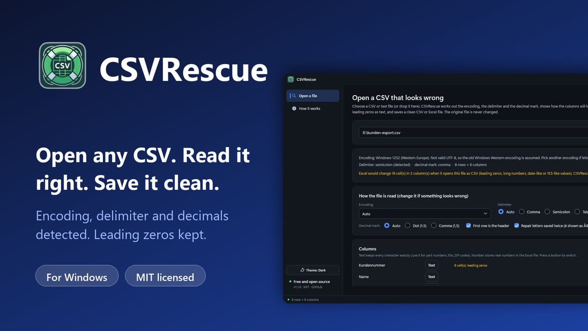 CSVRescue — Free CSV Encoding and Excel Cleaner for Windows