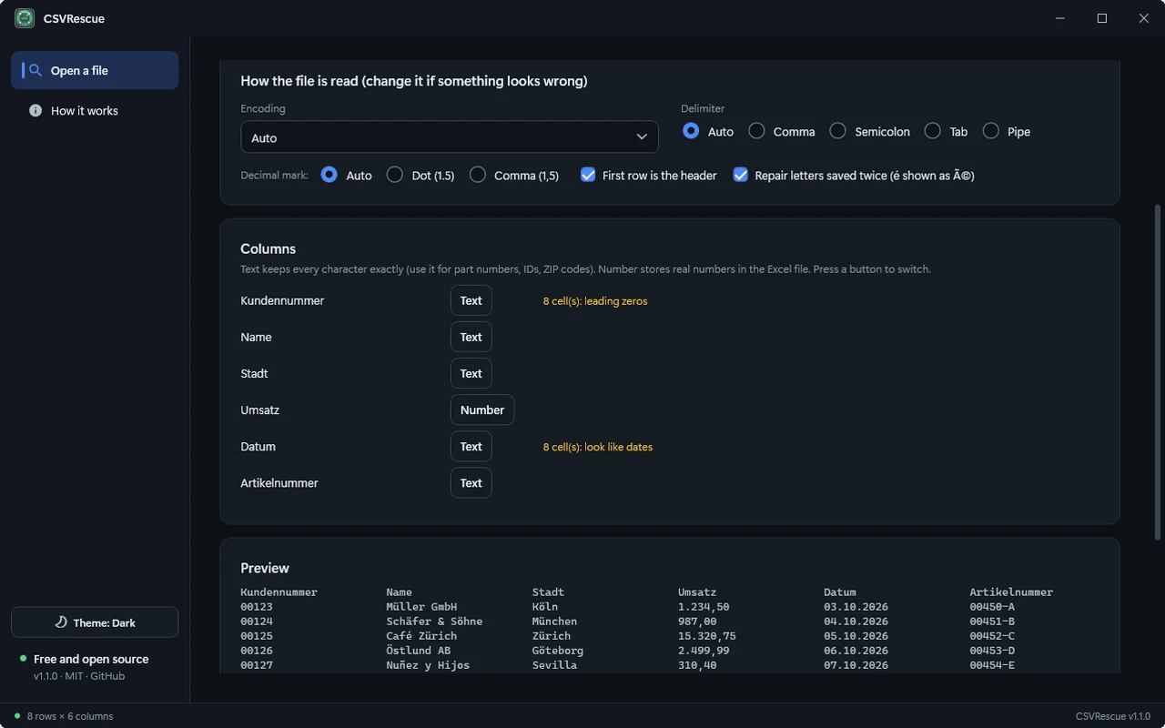 Choose Text or Number per column; IDs and leading zeros stay intact