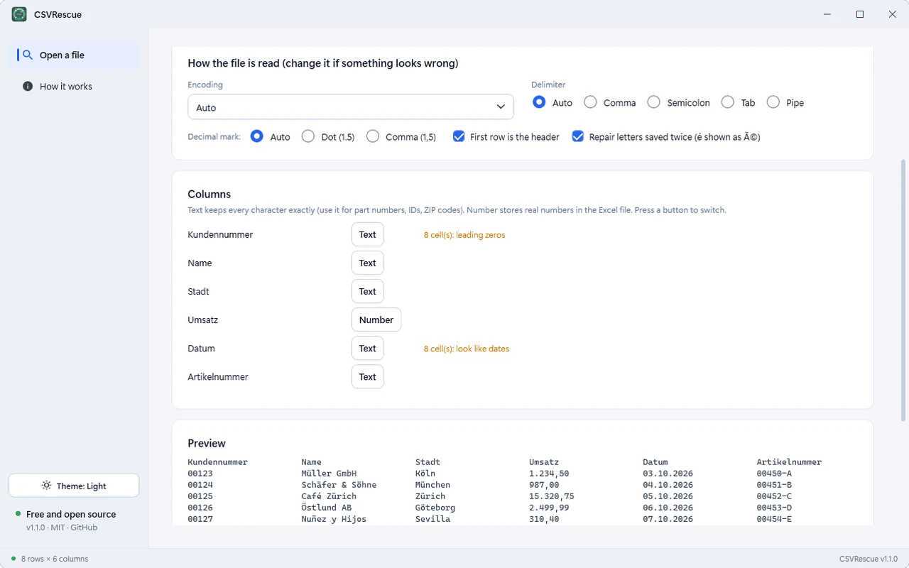 Choose Text or Number per column; IDs and leading zeros stay intact