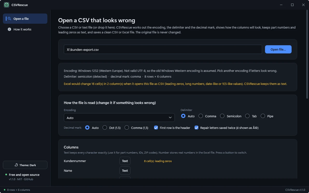 CSVRescue screenshot
