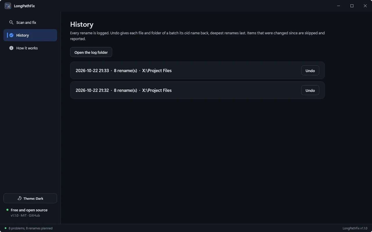 Every rename is logged; Undo restores the old names