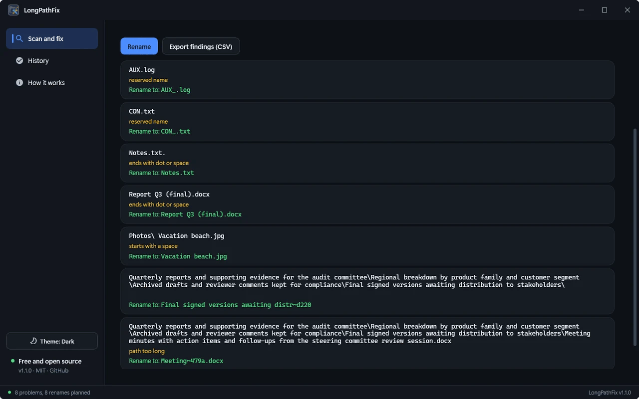 The full rename plan, shown before anything changes