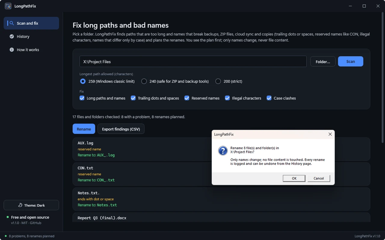 Confirm the batch: only names change, never file content
