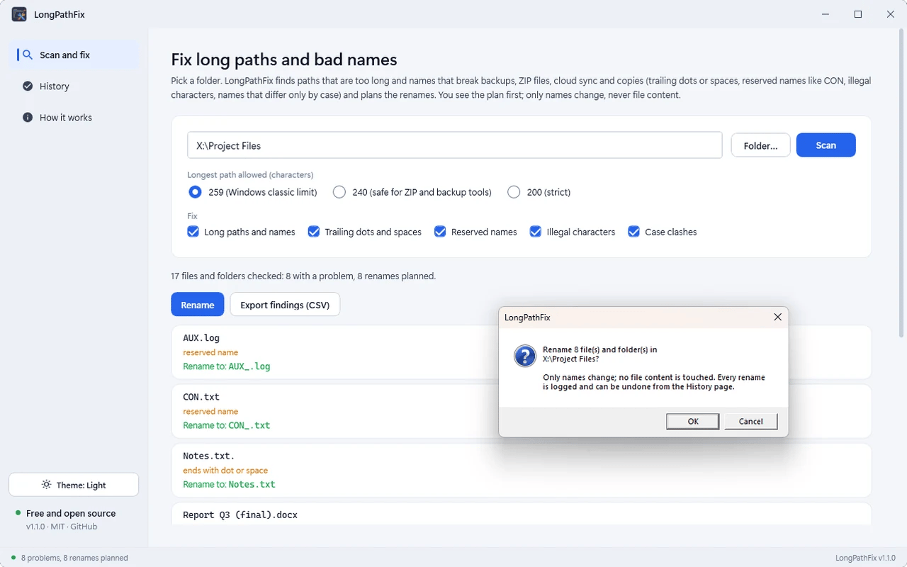 Confirm the batch: only names change, never file content