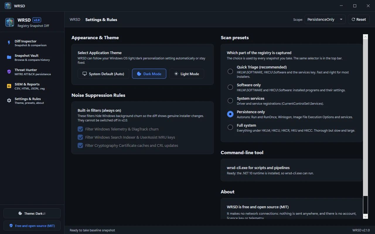 Pick a scan scope, from persistence-only to the full system