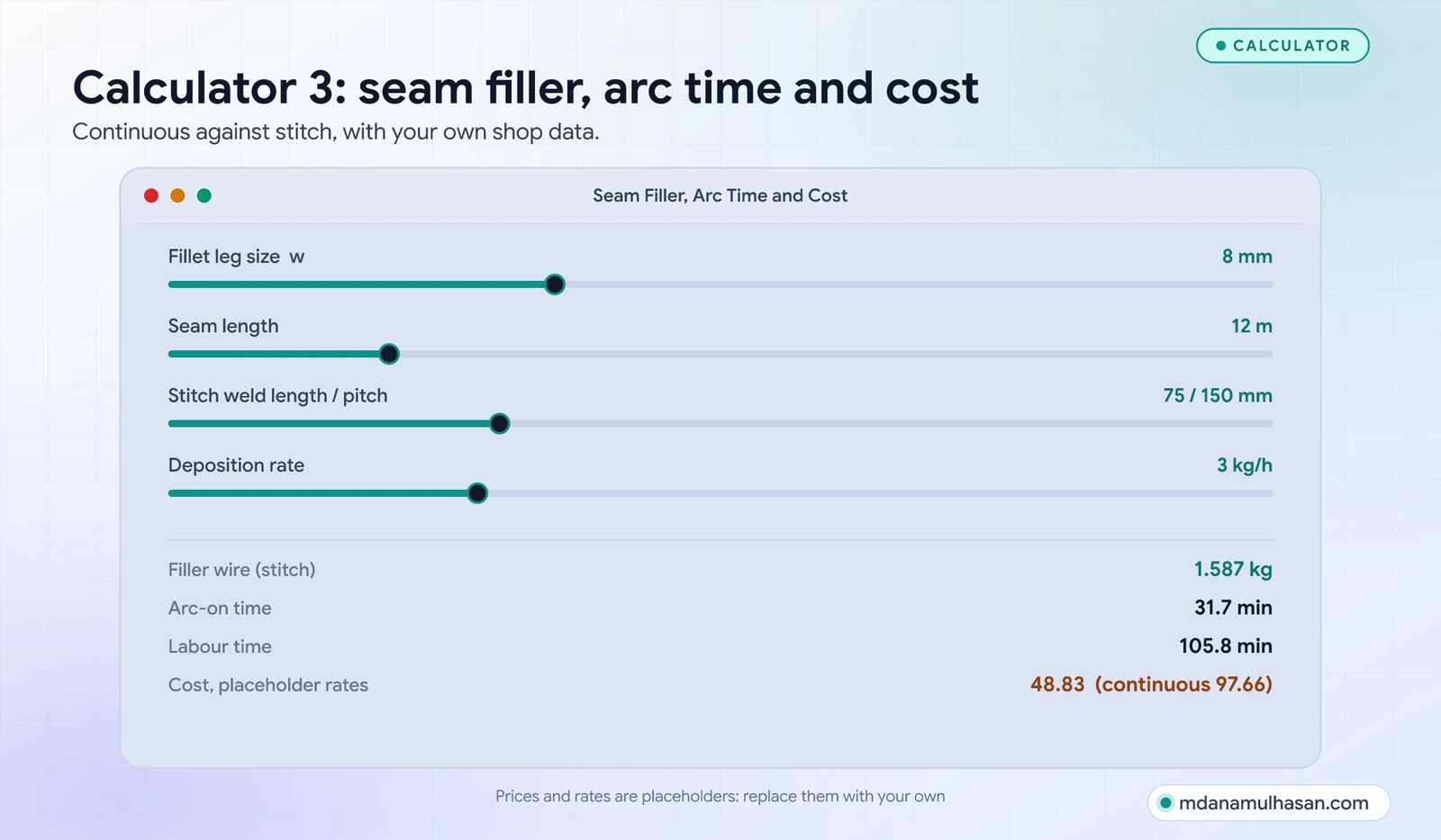 Calculator 3: filler, arc time and cost for a stitch seam