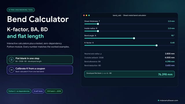 Sheet Metal Bend Calculator — Free K-Factor, Bend Allowance & Flat Length Tools
