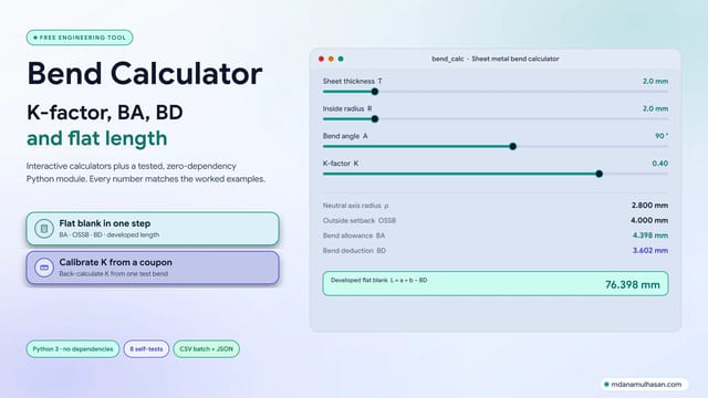 Sheet Metal Bend Calculator — Free K-Factor, Bend Allowance & Flat Length Tools