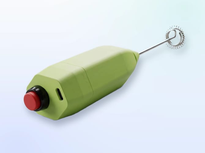 Studio render of the Coffee Beater: a green faceted housing with a red push button and USB-C port at one end and a coil whisk on a steel shaft