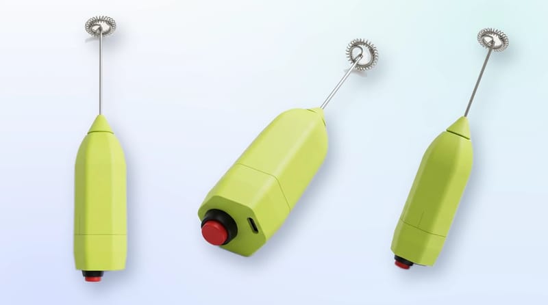 Three studio renders of the beater: front, three-quarter view of the button end, and side