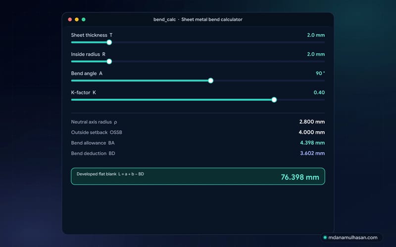 Bend calculator panel with sliders for thickness, radius, angle and K-factor and results for neutral axis, setback, bend allowance, bend deduction and flat length