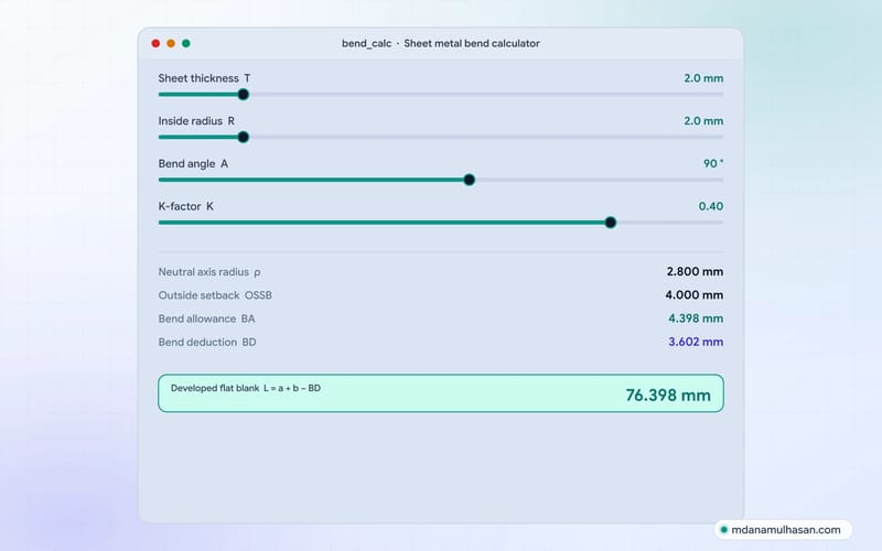 Bend calculator panel with sliders for thickness, radius, angle and K-factor and results for neutral axis, setback, bend allowance, bend deduction and flat length