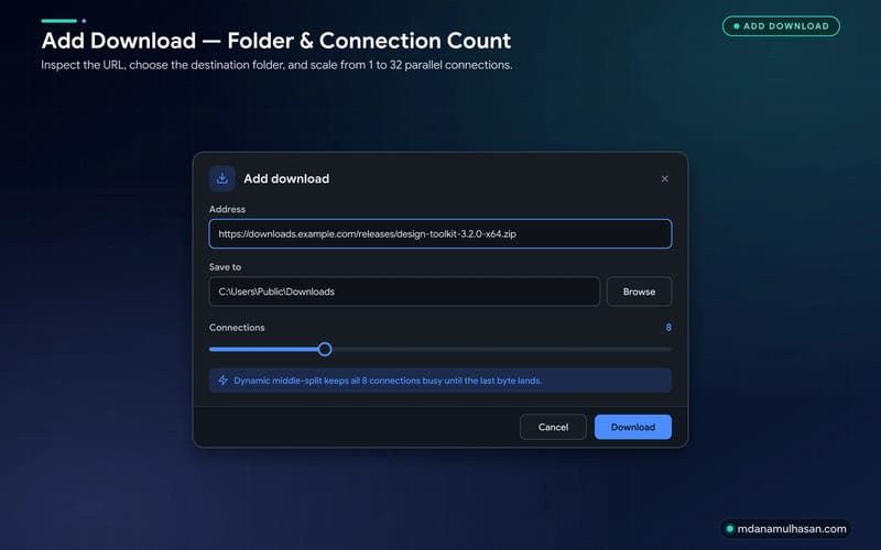 Add download dialog with destination folder, file name and connection count