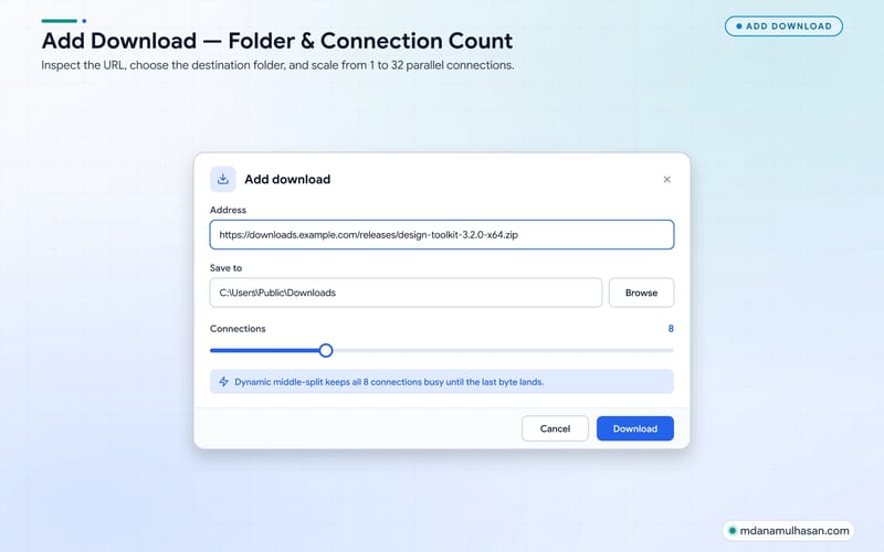 Add download dialog with destination folder, file name and connection count