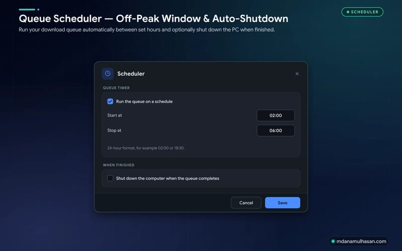Queue scheduler dialog with start and stop times and a post-completion action