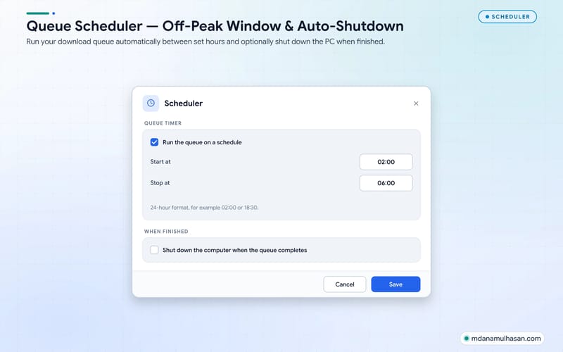 Queue scheduler dialog with start and stop times and a post-completion action